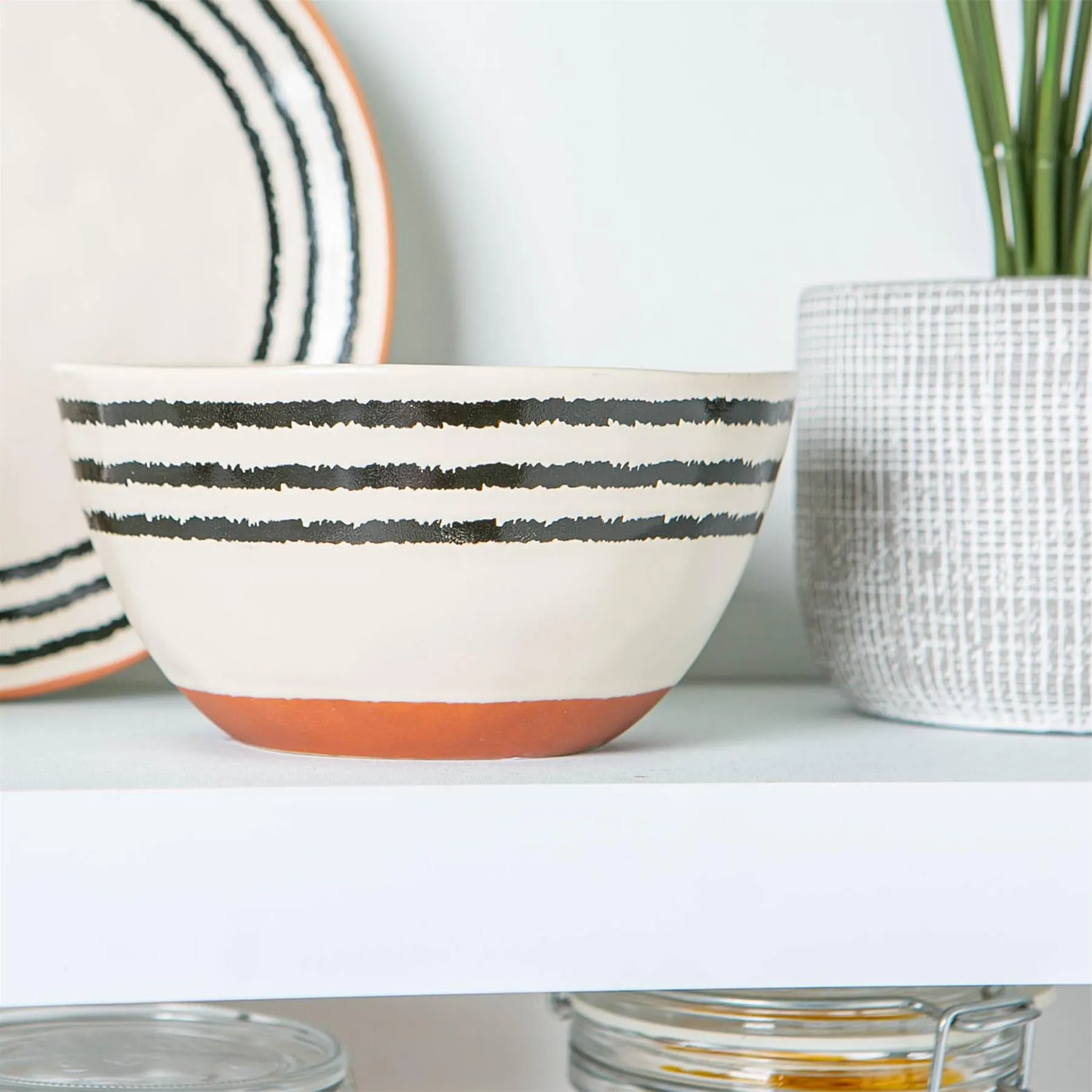15cm Striped Rim Portuguese Stoneware Cereal Bowls - Pack of Four - By Nicola Spring