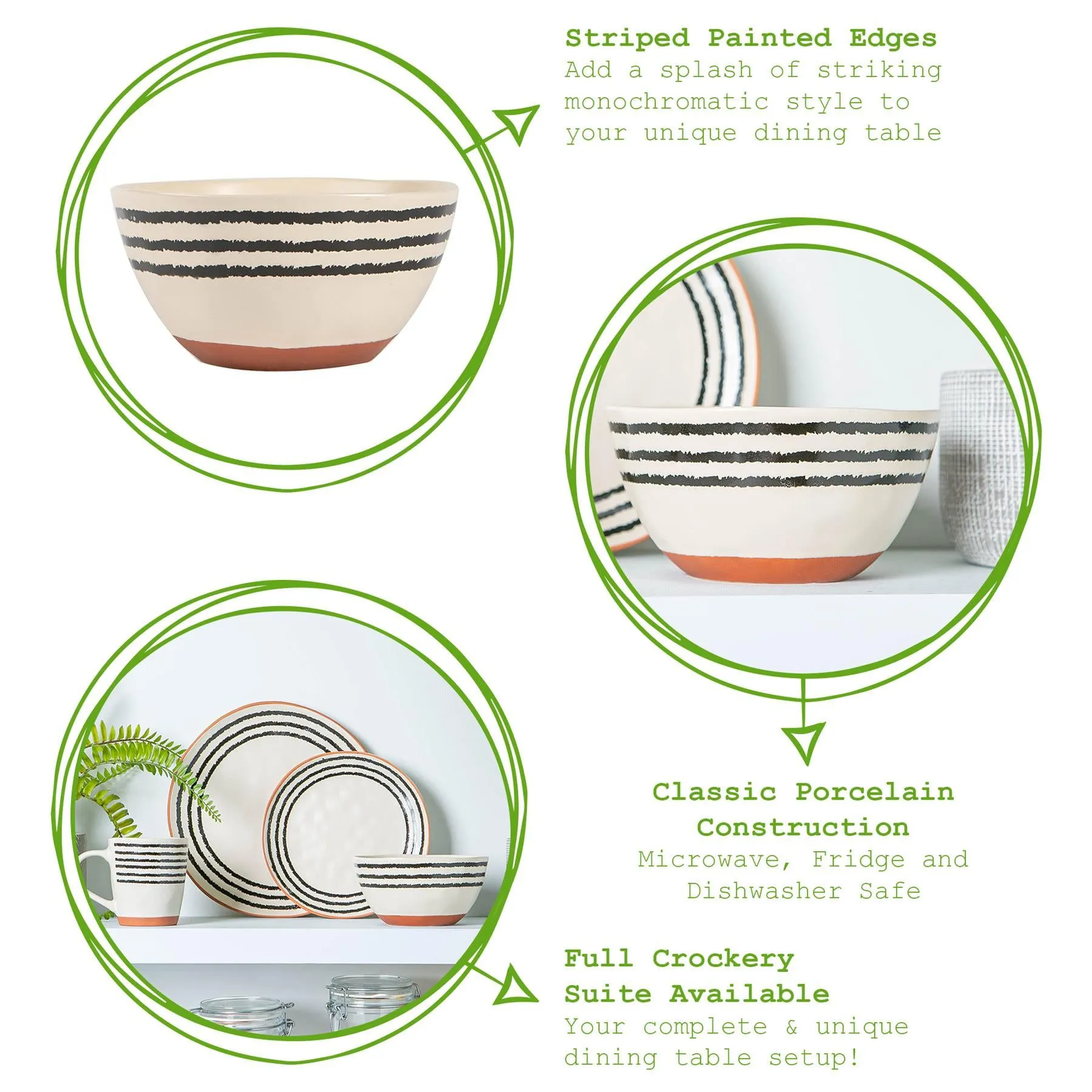 15cm Striped Rim Portuguese Stoneware Cereal Bowls - Pack of Four - By Nicola Spring