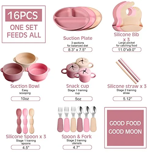 24 Pack Silicone Baby Feeding Set Baby Led Weaning Supplies Includes Suction Divided Plates Soft Bowl Spoons Forks Adjustable Bib Snack Cup and Straws for Baby Eating (Pink, Dark Pink, Nude)