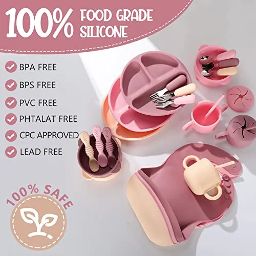 24 Pack Silicone Baby Feeding Set Baby Led Weaning Supplies Includes Suction Divided Plates Soft Bowl Spoons Forks Adjustable Bib Snack Cup and Straws for Baby Eating (Pink, Dark Pink, Nude)