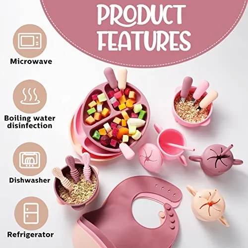 24 Pack Silicone Baby Feeding Set Baby Led Weaning Supplies Includes Suction Divided Plates Soft Bowl Spoons Forks Adjustable Bib Snack Cup and Straws for Baby Eating (Pink, Dark Pink, Nude)