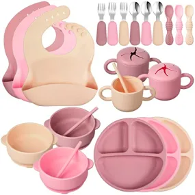 24 Pack Silicone Baby Feeding Set Baby Led Weaning Supplies Includes Suction Divided Plates Soft Bowl Spoons Forks Adjustable Bib Snack Cup and Straws for Baby Eating (Pink, Dark Pink, Nude)