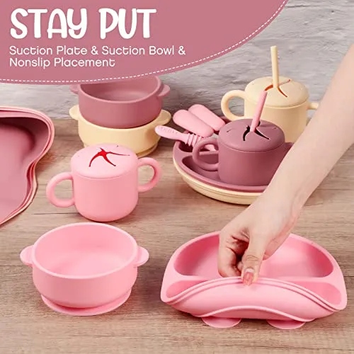 24 Pack Silicone Baby Feeding Set Baby Led Weaning Supplies Includes Suction Divided Plates Soft Bowl Spoons Forks Adjustable Bib Snack Cup and Straws for Baby Eating (Pink, Dark Pink, Nude)