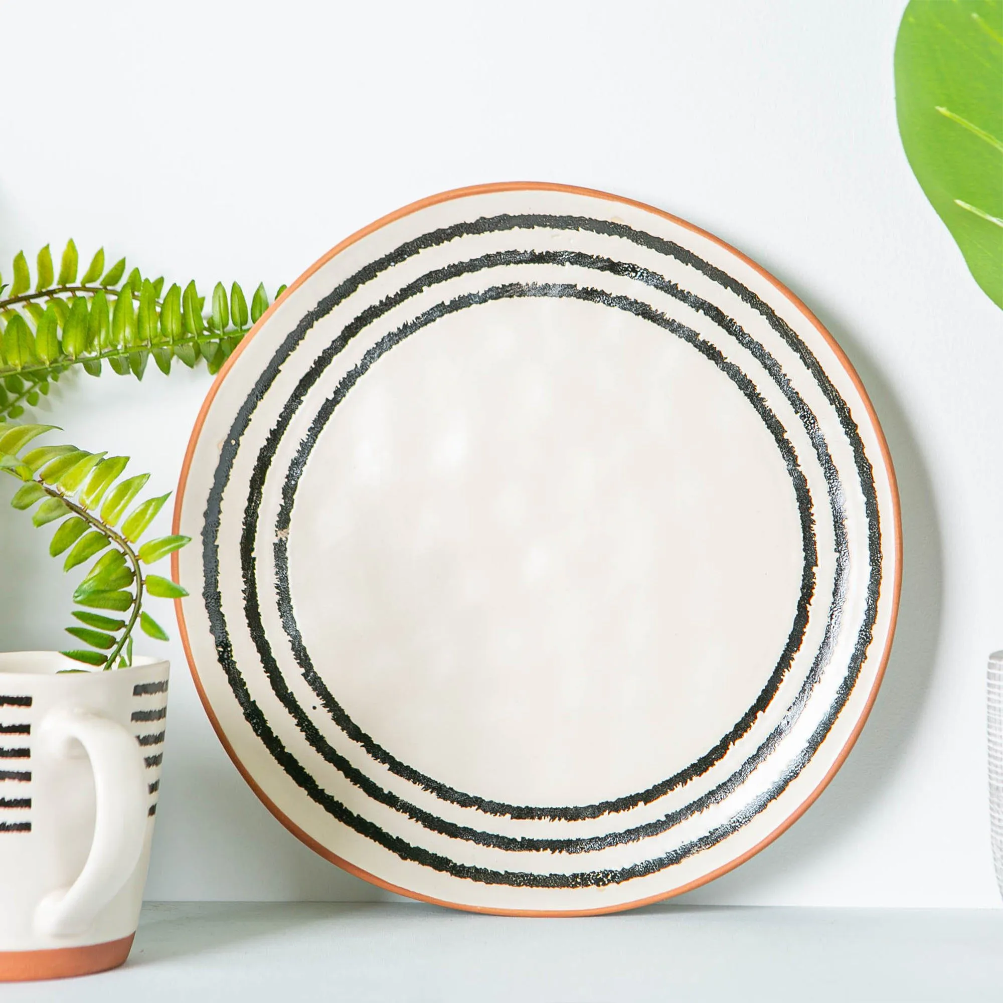 26cm Striped Rim Portuguese Stoneware Dinner Plates - Pack of Four - By Nicola Spring