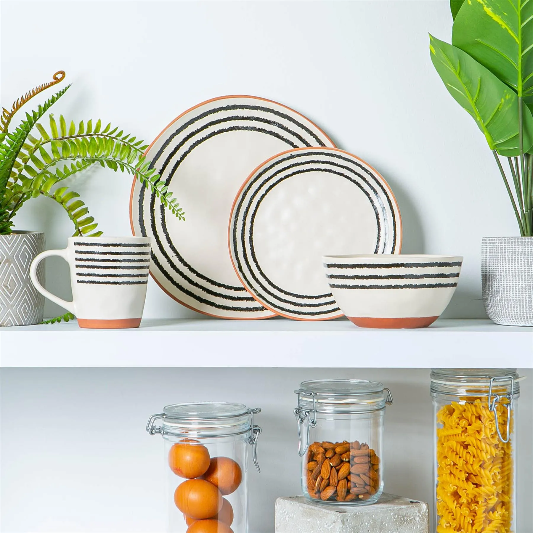 26cm Striped Rim Portuguese Stoneware Dinner Plates - Pack of Four - By Nicola Spring