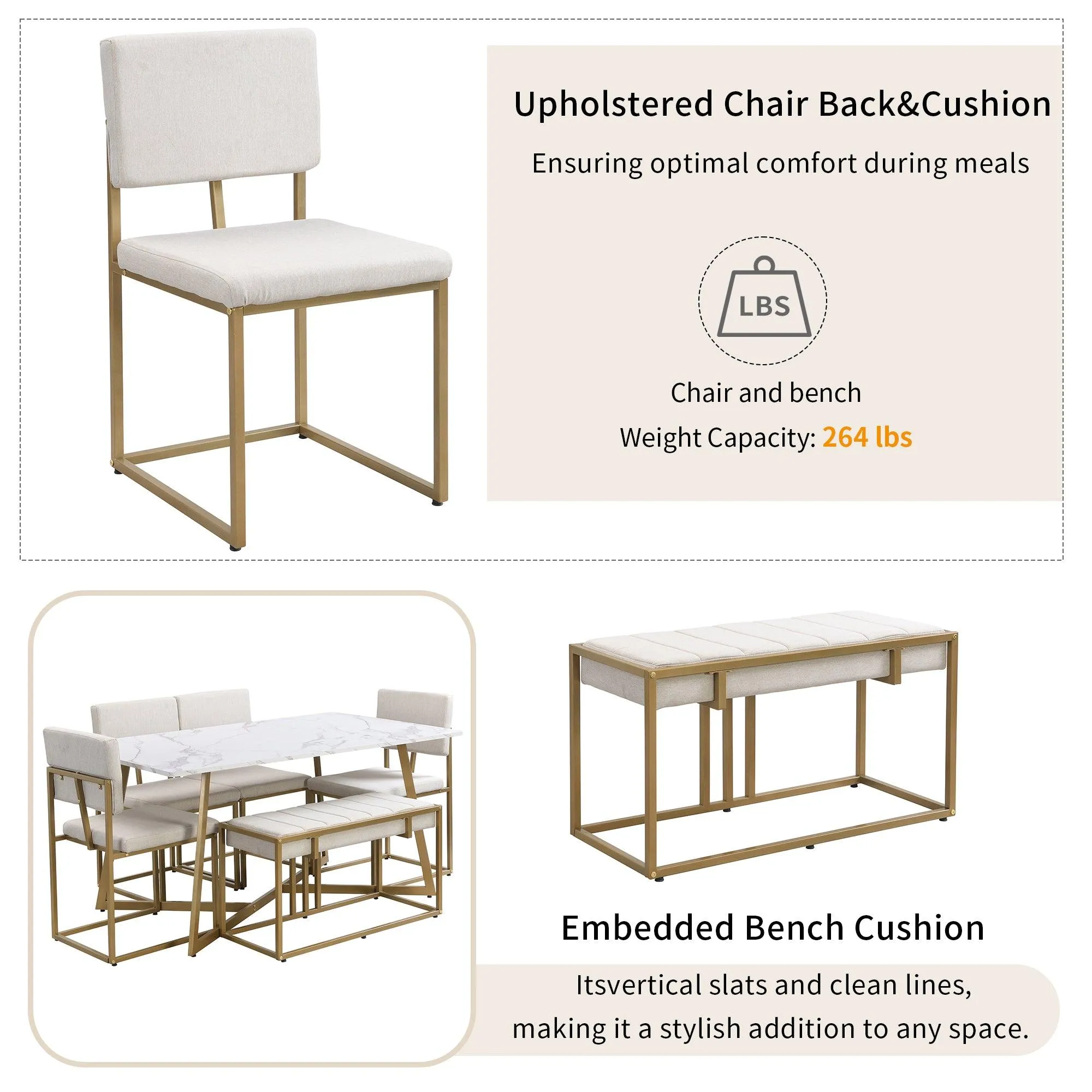 60" Modern Faux Marble 6-Piece Dining Set, Golden Metal Table with Chairs & Bench