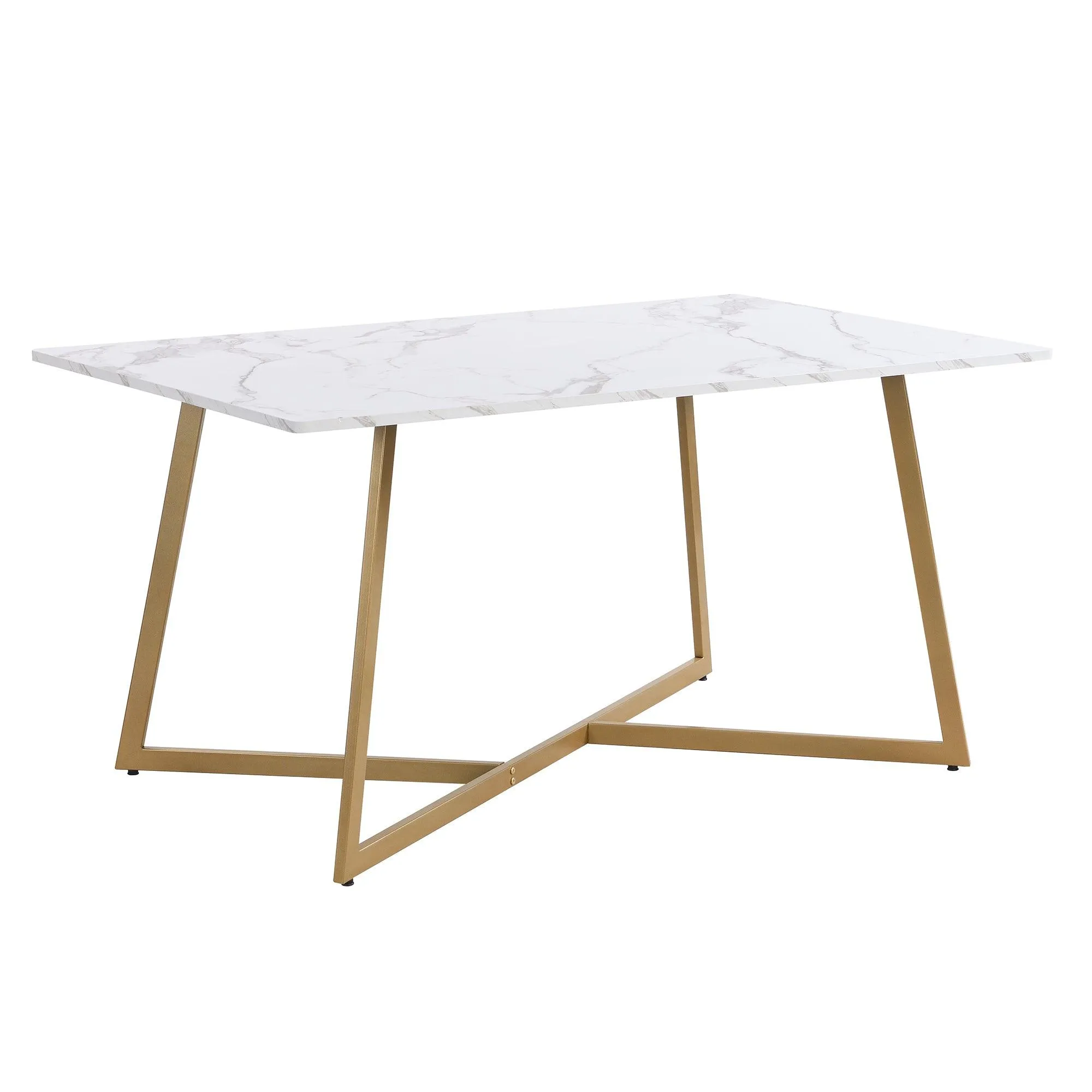60" Modern Faux Marble 6-Piece Dining Set, Golden Metal Table with Chairs & Bench