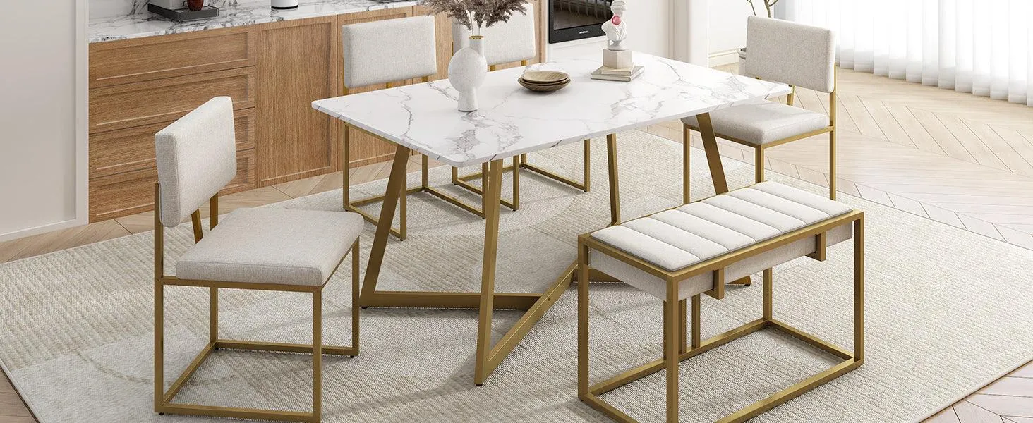 60" Modern Faux Marble 6-Piece Dining Set, Golden Metal Table with Chairs & Bench