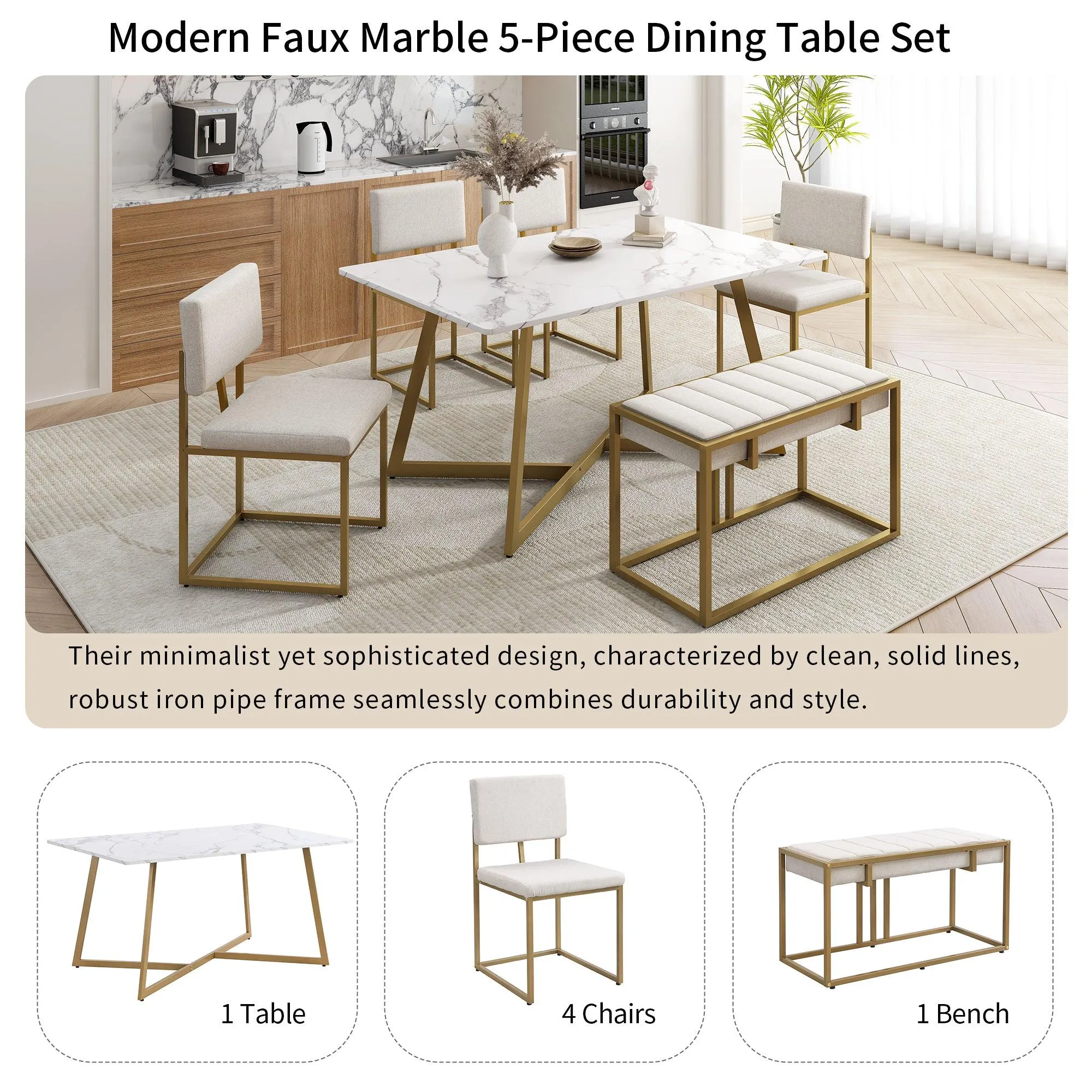 60" Modern Faux Marble 6-Piece Dining Set, Golden Metal Table with Chairs & Bench