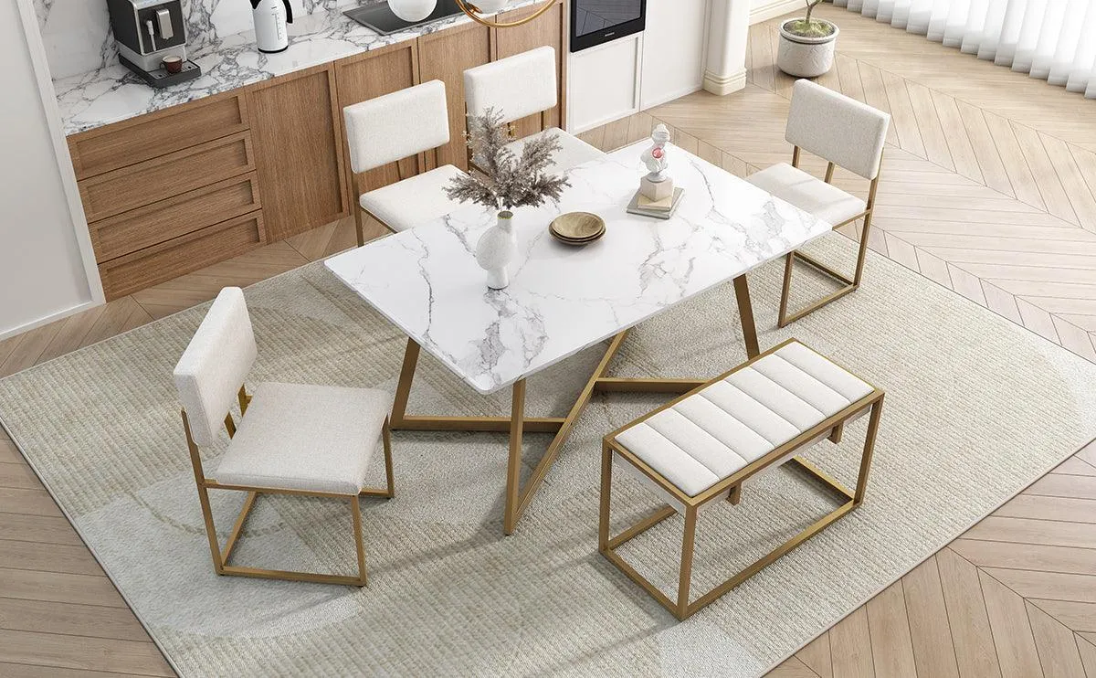 60" Modern Faux Marble 6-Piece Dining Set, Golden Metal Table with Chairs & Bench