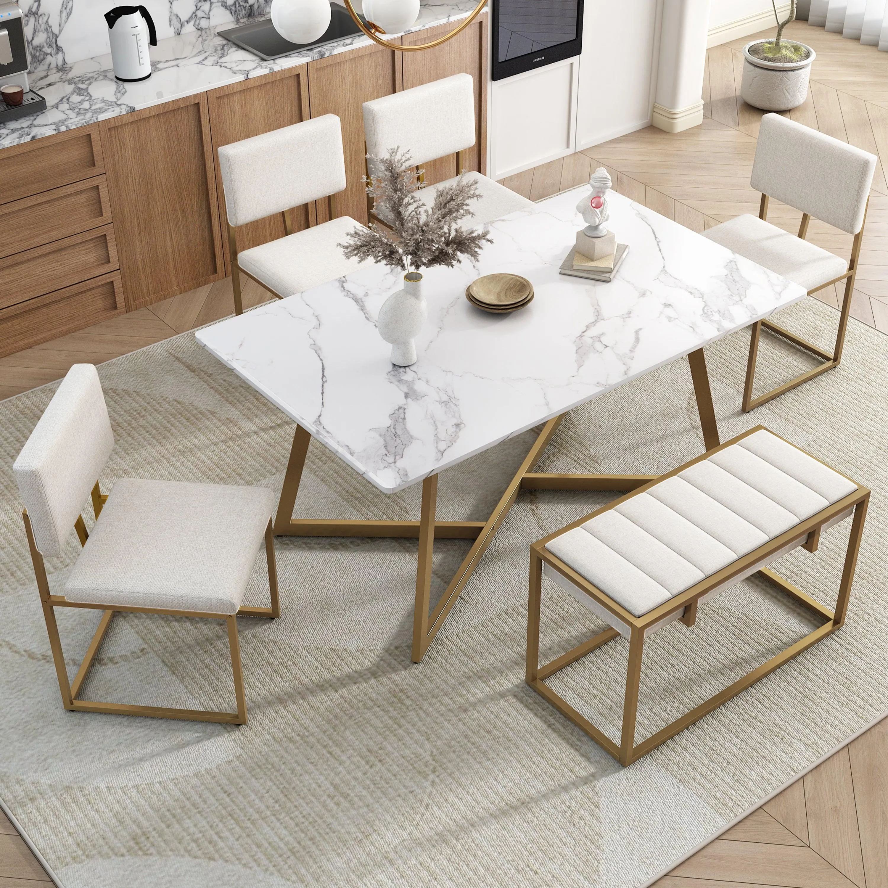 60" Modern Faux Marble 6-Piece Dining Set, Golden Metal Table with Chairs & Bench
