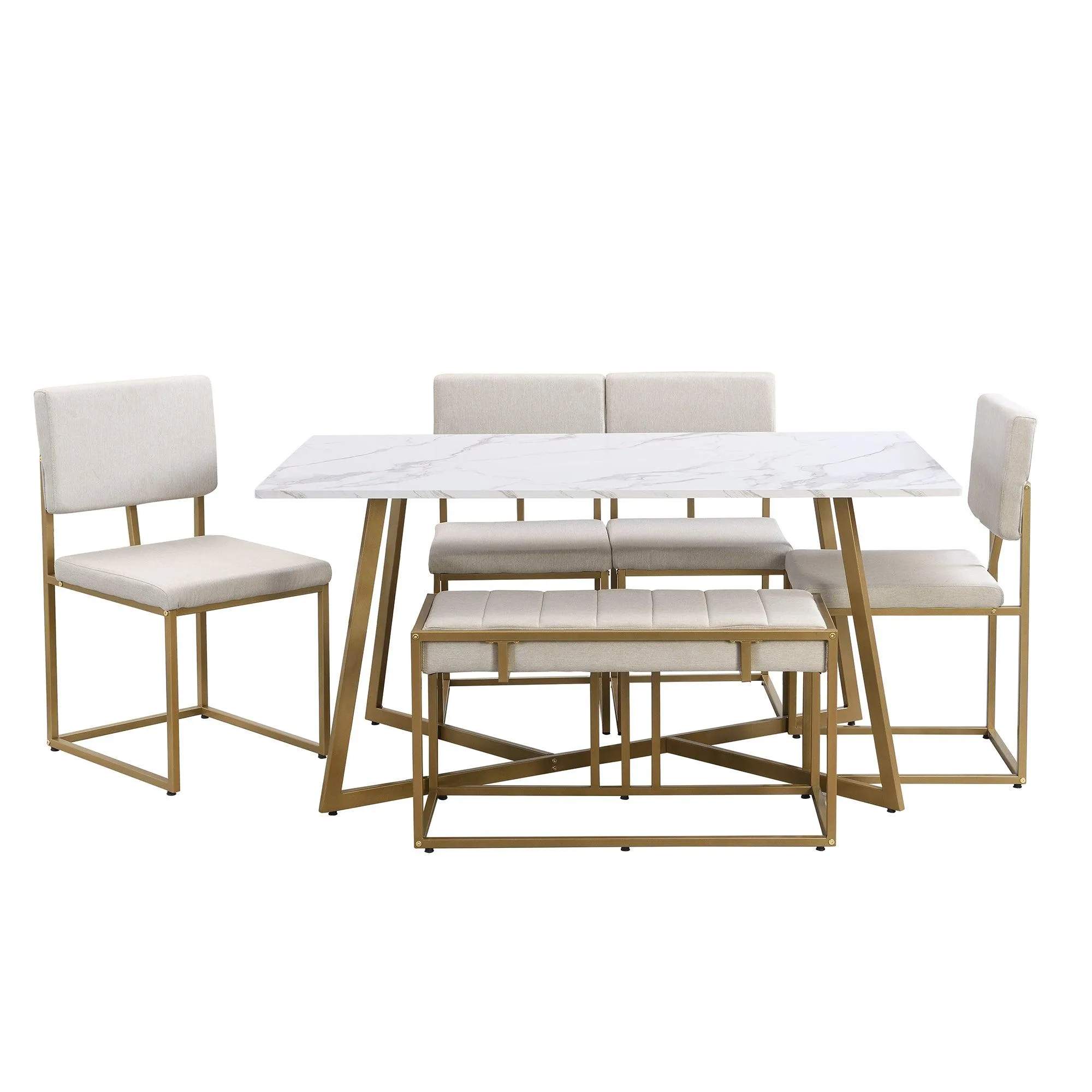60" Modern Faux Marble 6-Piece Dining Set, Golden Metal Table with Chairs & Bench