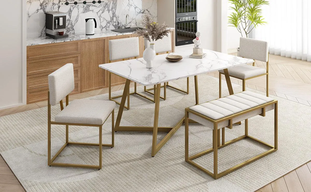 60" Modern Faux Marble 6-Piece Dining Set, Golden Metal Table with Chairs & Bench