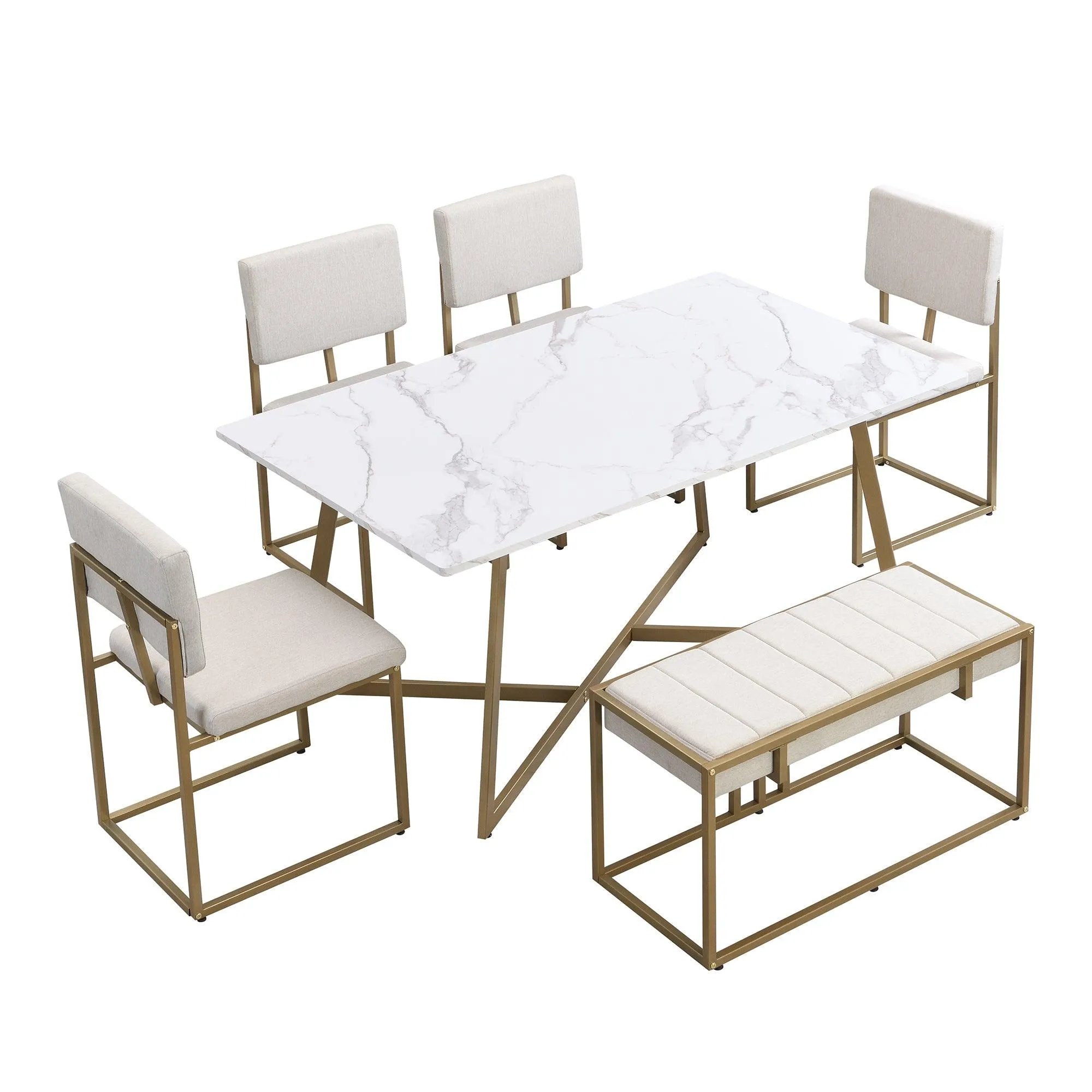 60" Modern Faux Marble 6-Piece Dining Set, Golden Metal Table with Chairs & Bench