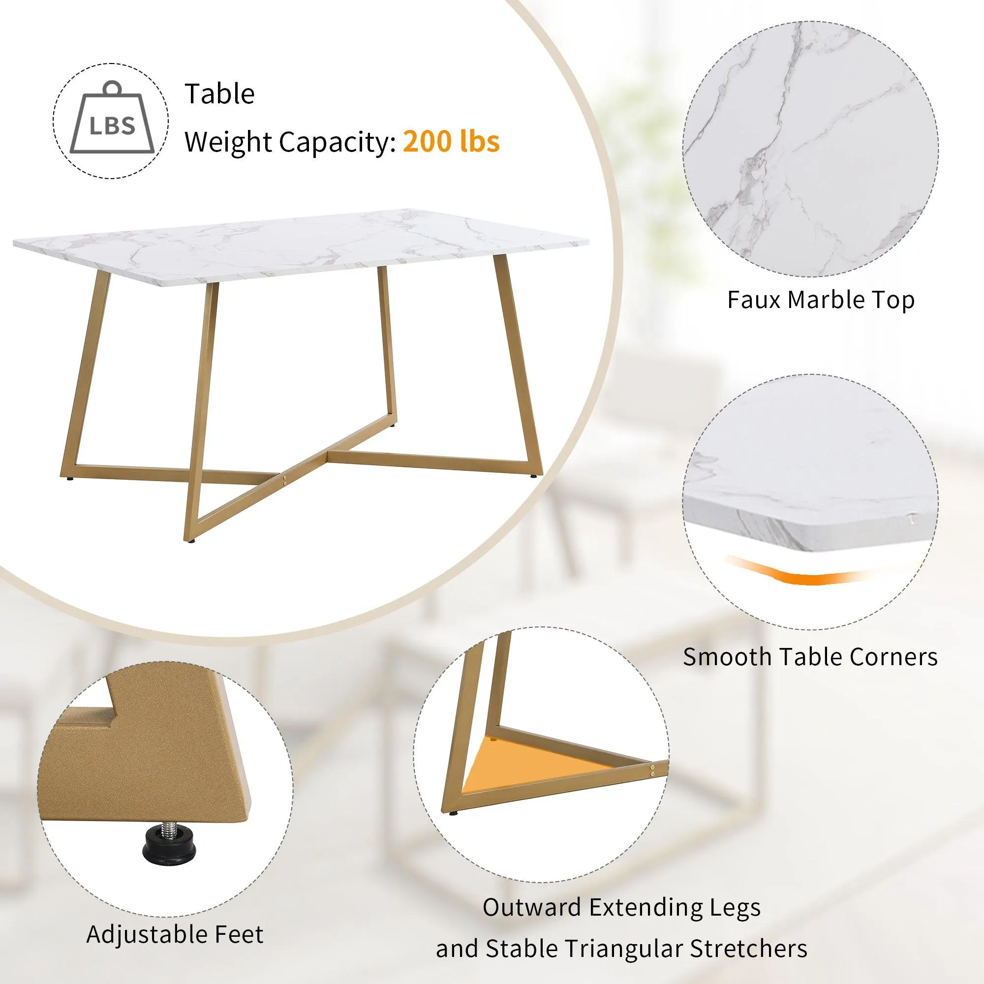 60" Modern Faux Marble 6-Piece Dining Set, Golden Metal Table with Chairs & Bench