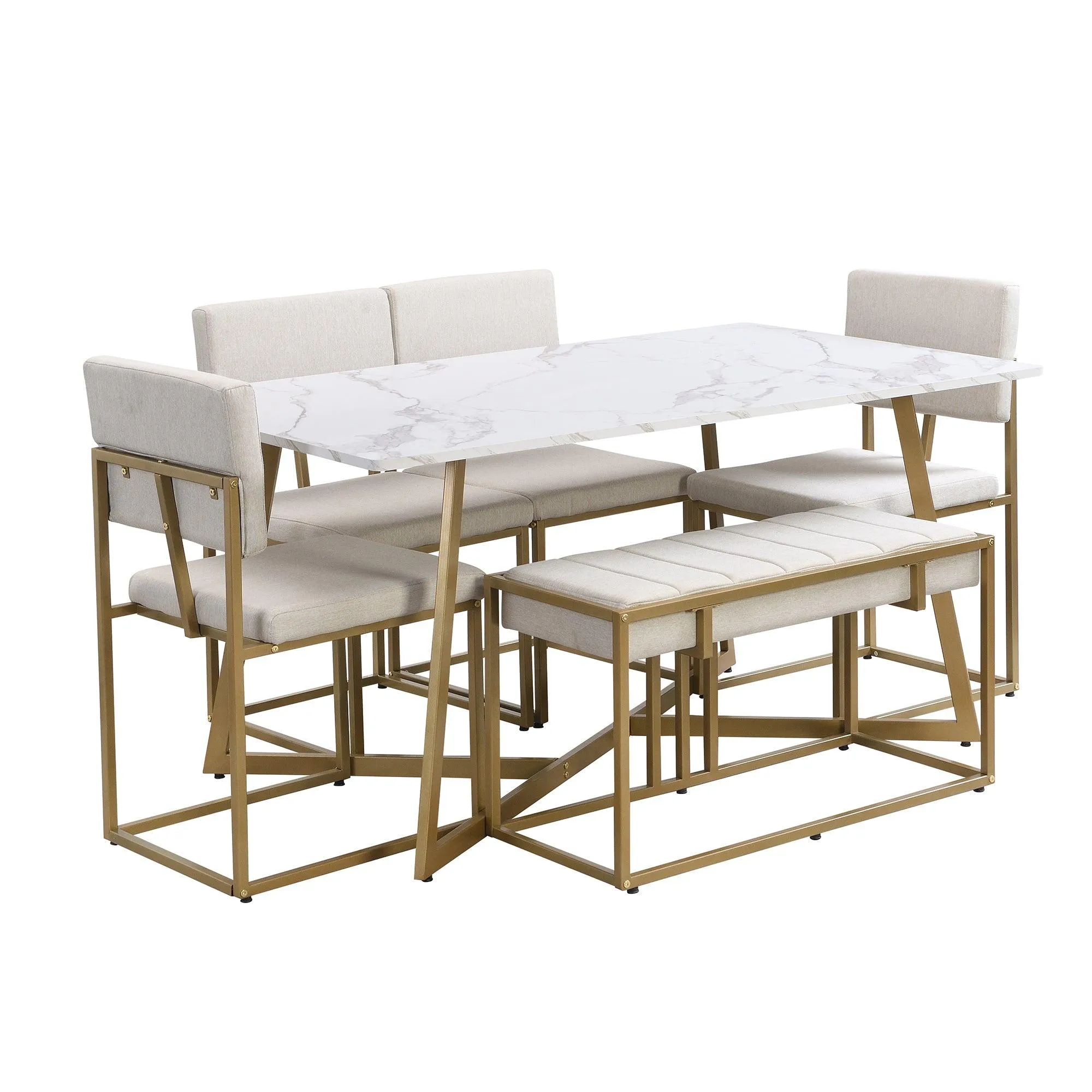 60" Modern Faux Marble 6-Piece Dining Set, Golden Metal Table with Chairs & Bench