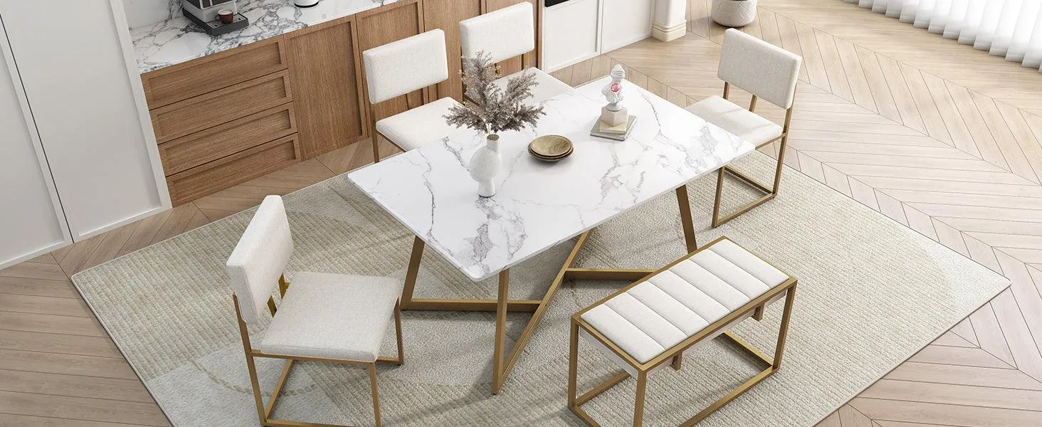 60" Modern Faux Marble 6-Piece Dining Set, Golden Metal Table with Chairs & Bench