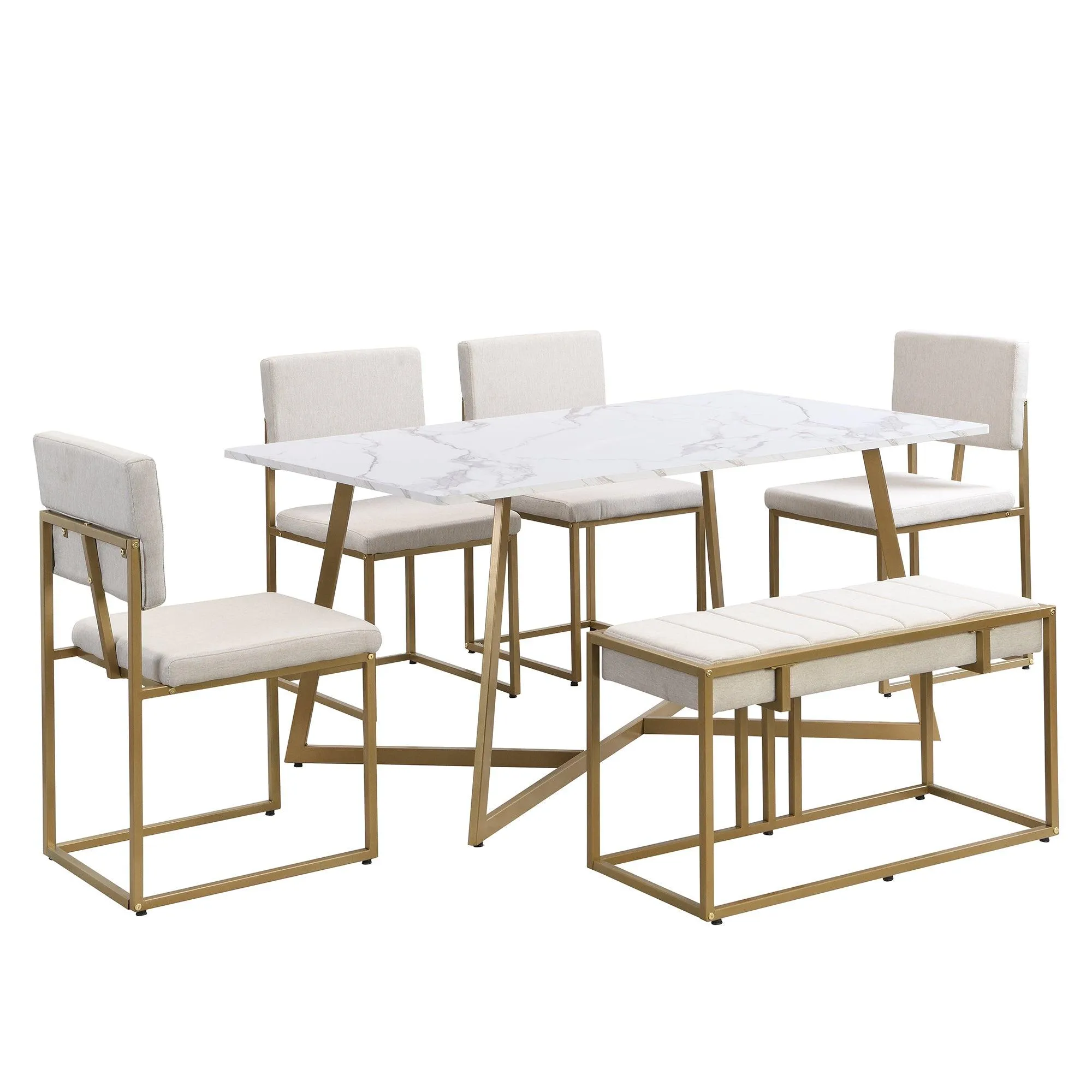 60" Modern Faux Marble 6-Piece Dining Set, Golden Metal Table with Chairs & Bench