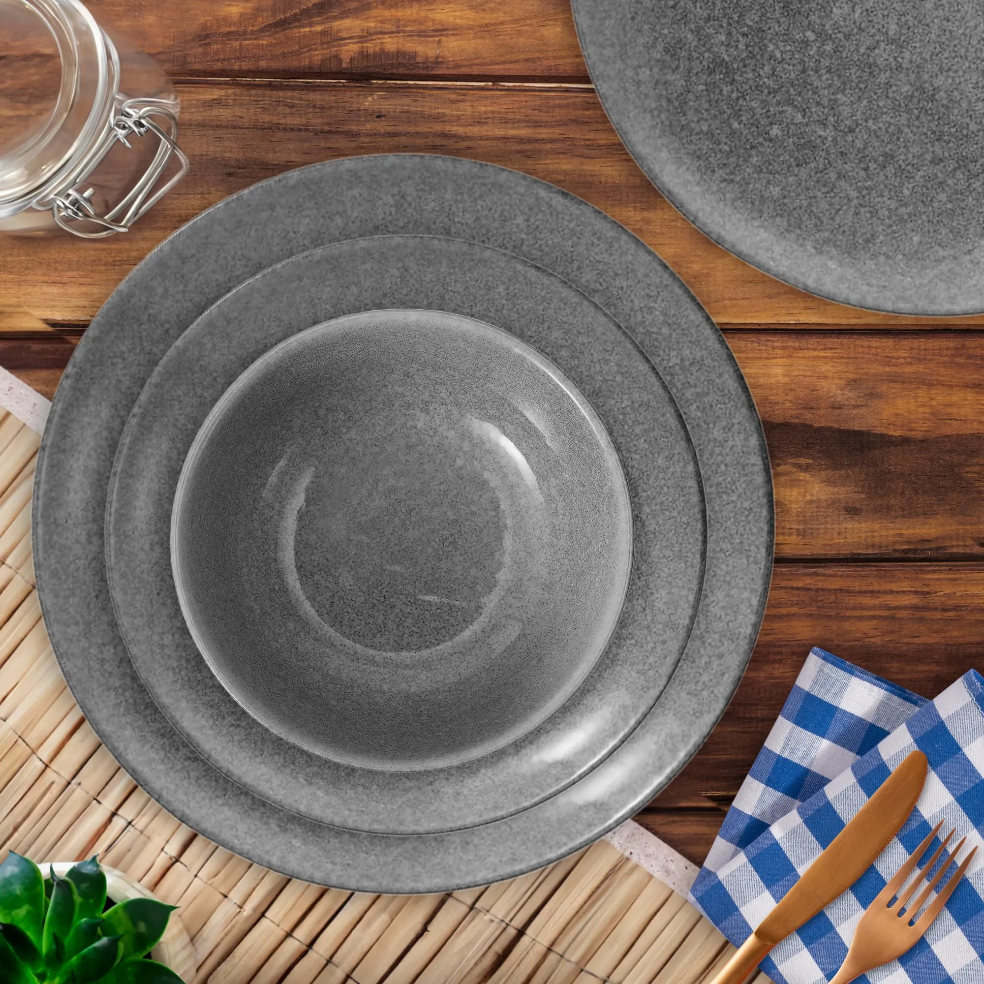 Anko Glazed Stoneware 18 Pcs Solid Dinner Set | Premium Crockery For Dining Table, Home, Restaurant, Gifting | Aesthetic Tableware Service Set For 6 | 6 Dinner Plates, 6 Side Plates, 6 Bowls, Grey
