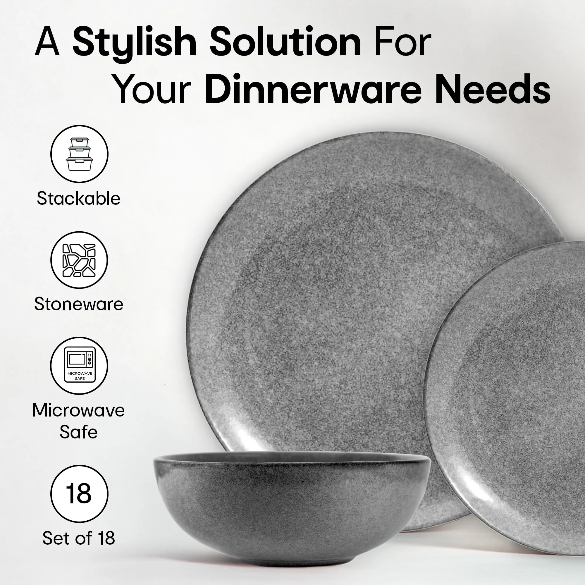 Anko Glazed Stoneware 18 Pcs Solid Dinner Set | Premium Crockery For Dining Table, Home, Restaurant, Gifting | Aesthetic Tableware Service Set For 6 | 6 Dinner Plates, 6 Side Plates, 6 Bowls, Grey