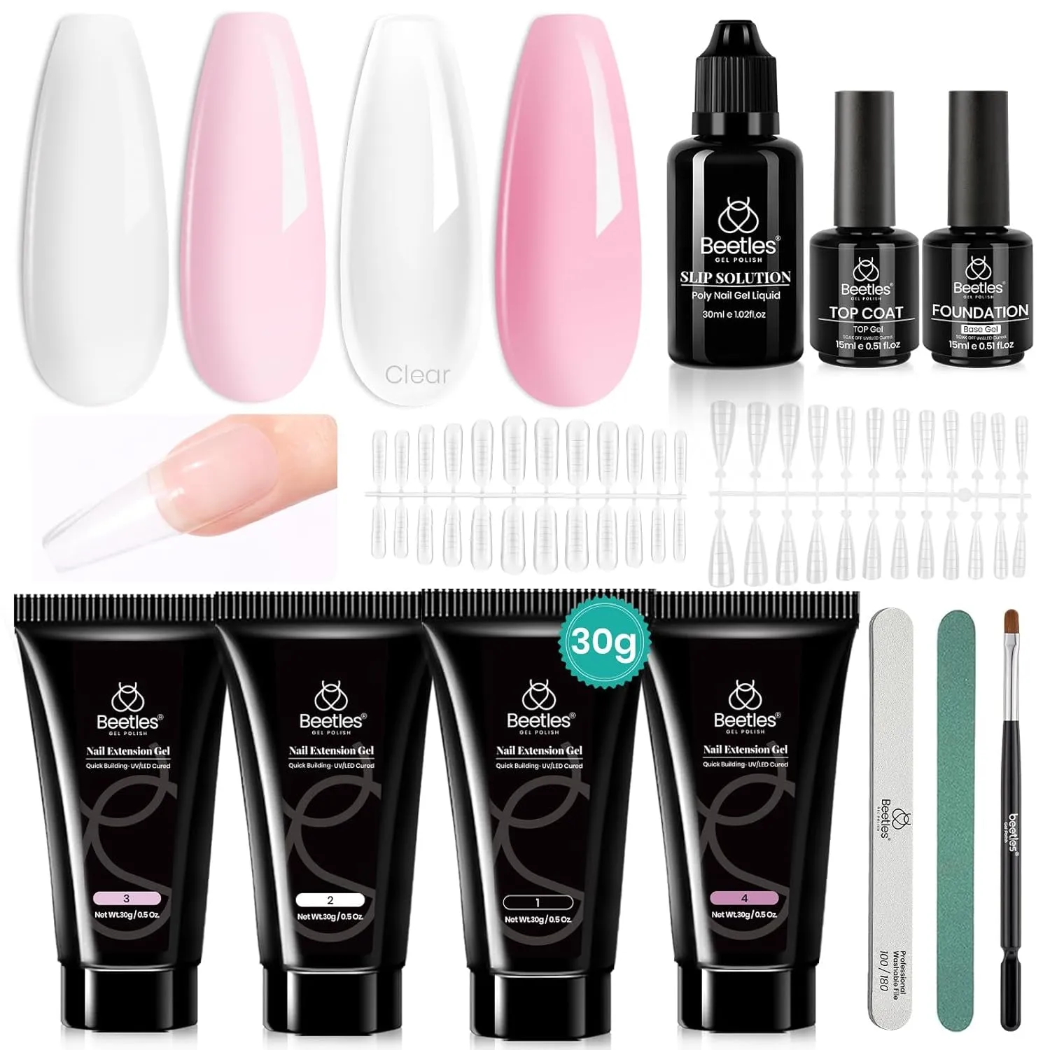 Beetles 4-Color Poly Nail Gel Kit with Slip Solution, Base & Top Coat - DIY Nail Art Set for Women