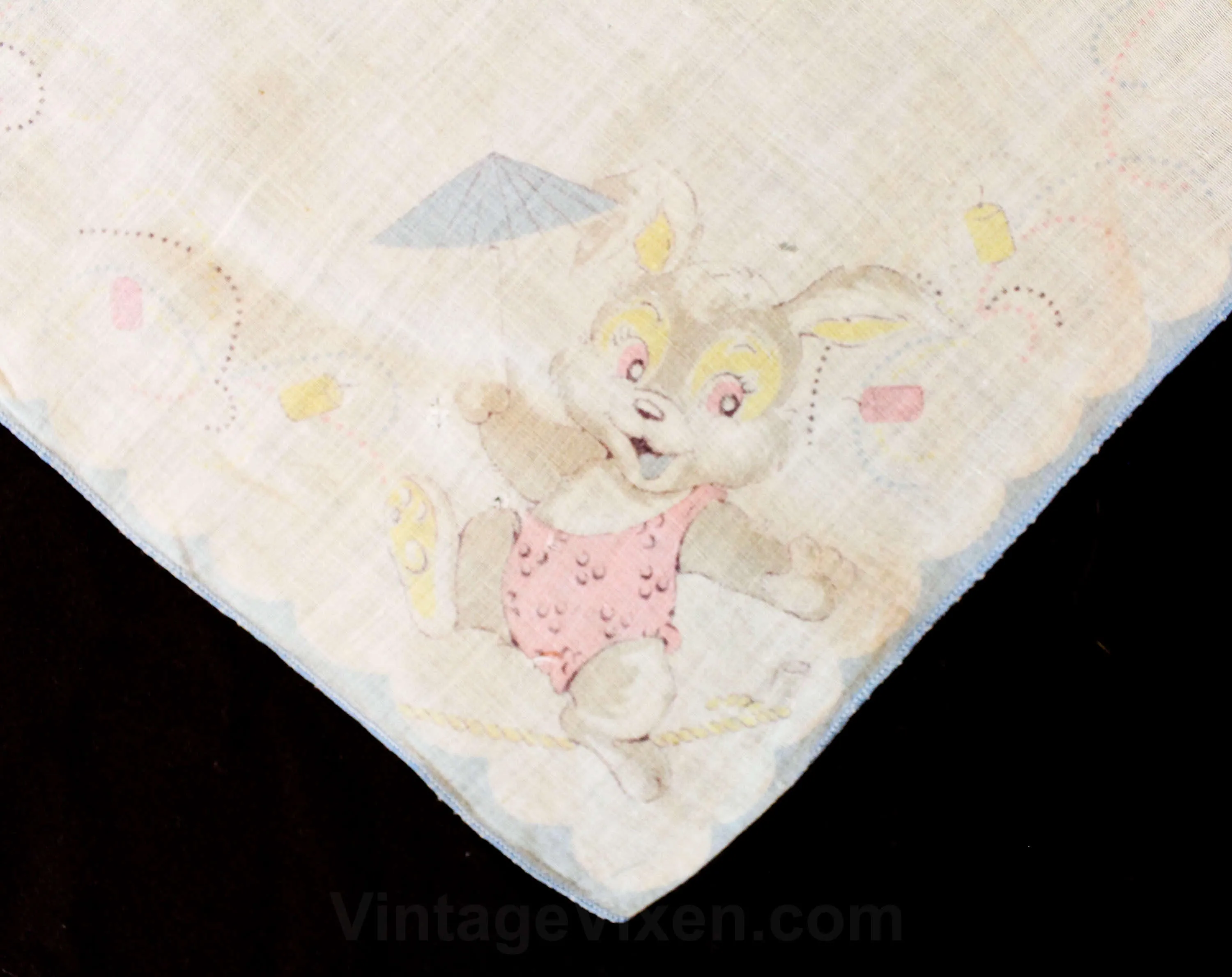 Children's Handkerchief Lot of 3 - 40s 50s Child's Novelty Print Cotton Hanky - Yellow & Pink Puppy Dogs - Tight Rope Circus Bunny - 49679