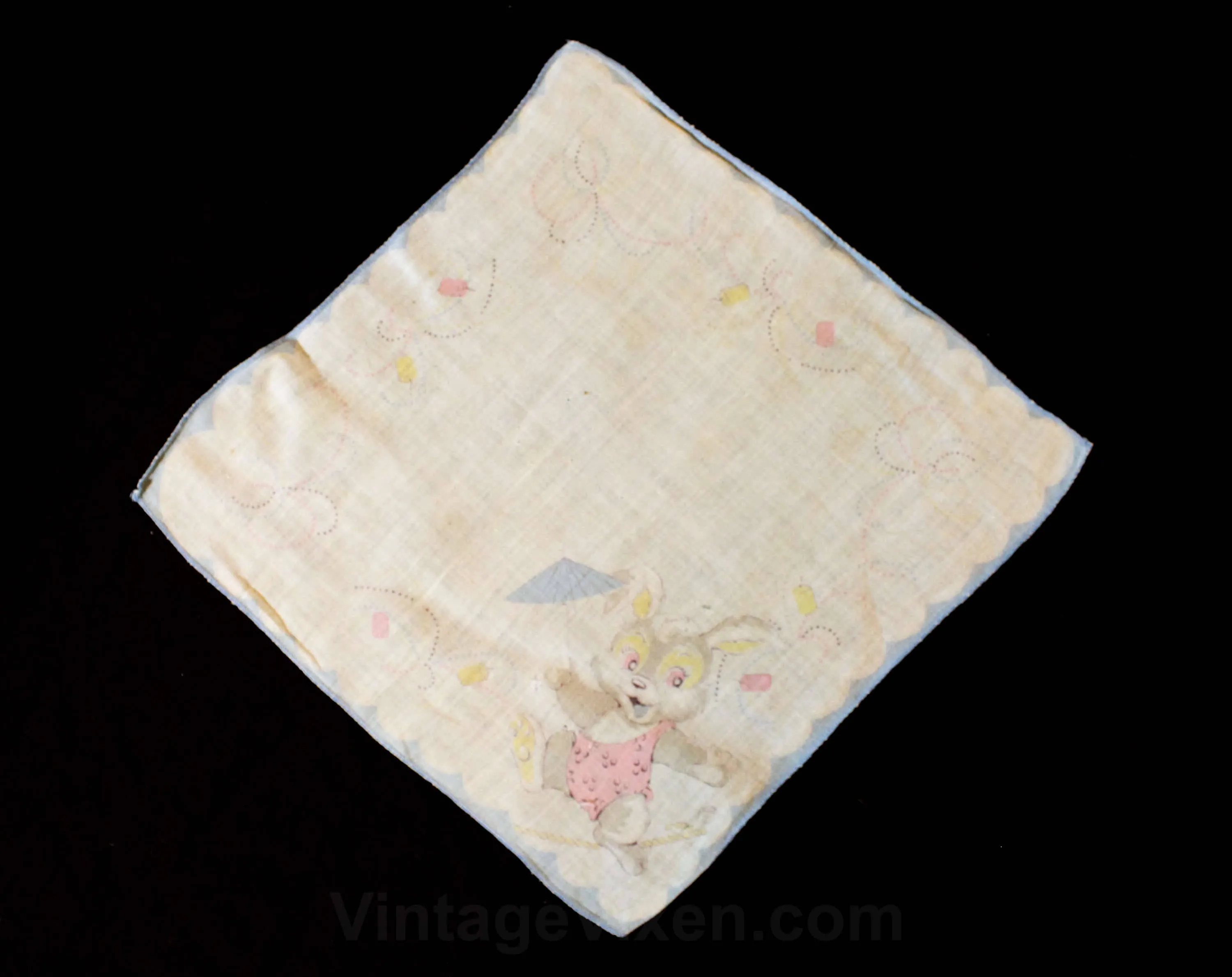 Children's Handkerchief Lot of 3 - 40s 50s Child's Novelty Print Cotton Hanky - Yellow & Pink Puppy Dogs - Tight Rope Circus Bunny - 49679