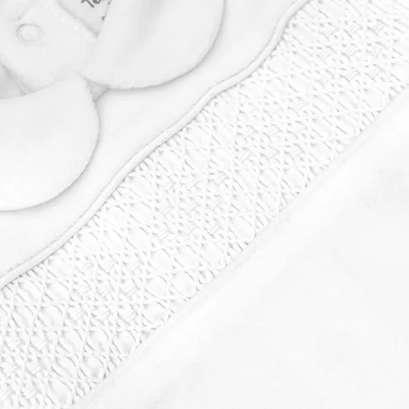 Hand Smocked Velvet Playsuit, White