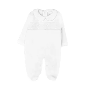Hand Smocked Velvet Playsuit, White