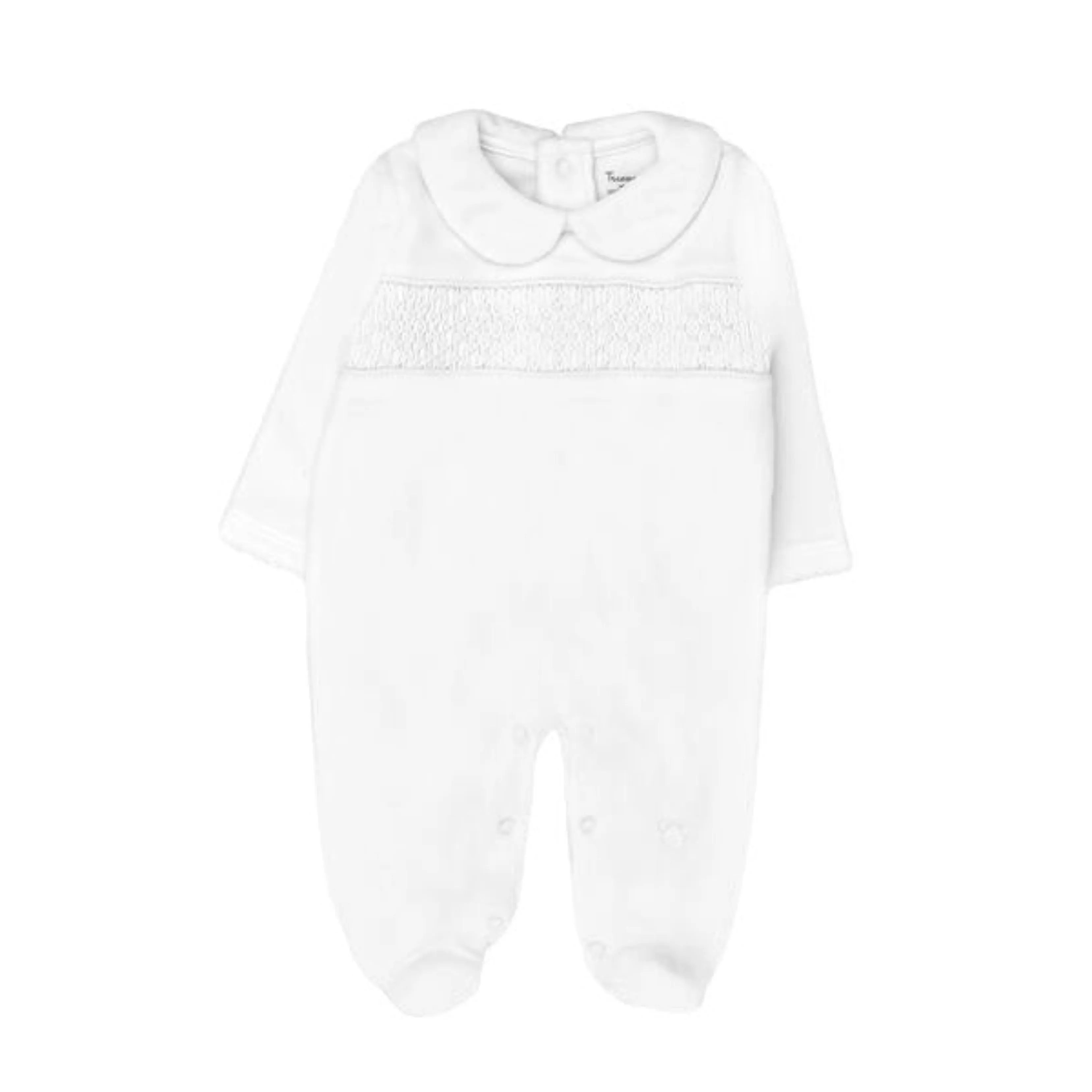 Hand Smocked Velvet Playsuit, White