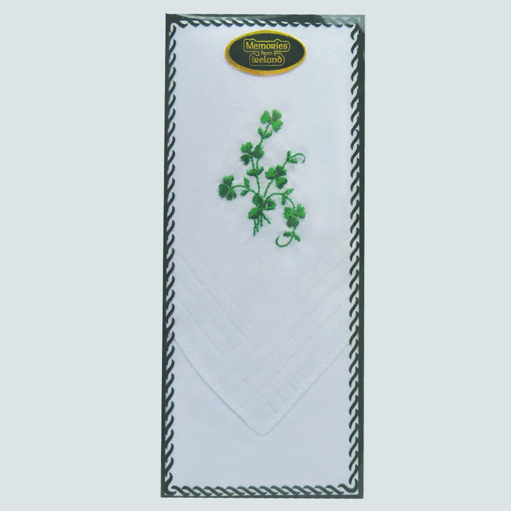 Ladies Emerald Green Shamrock Embroidered Cotton Handkerchief