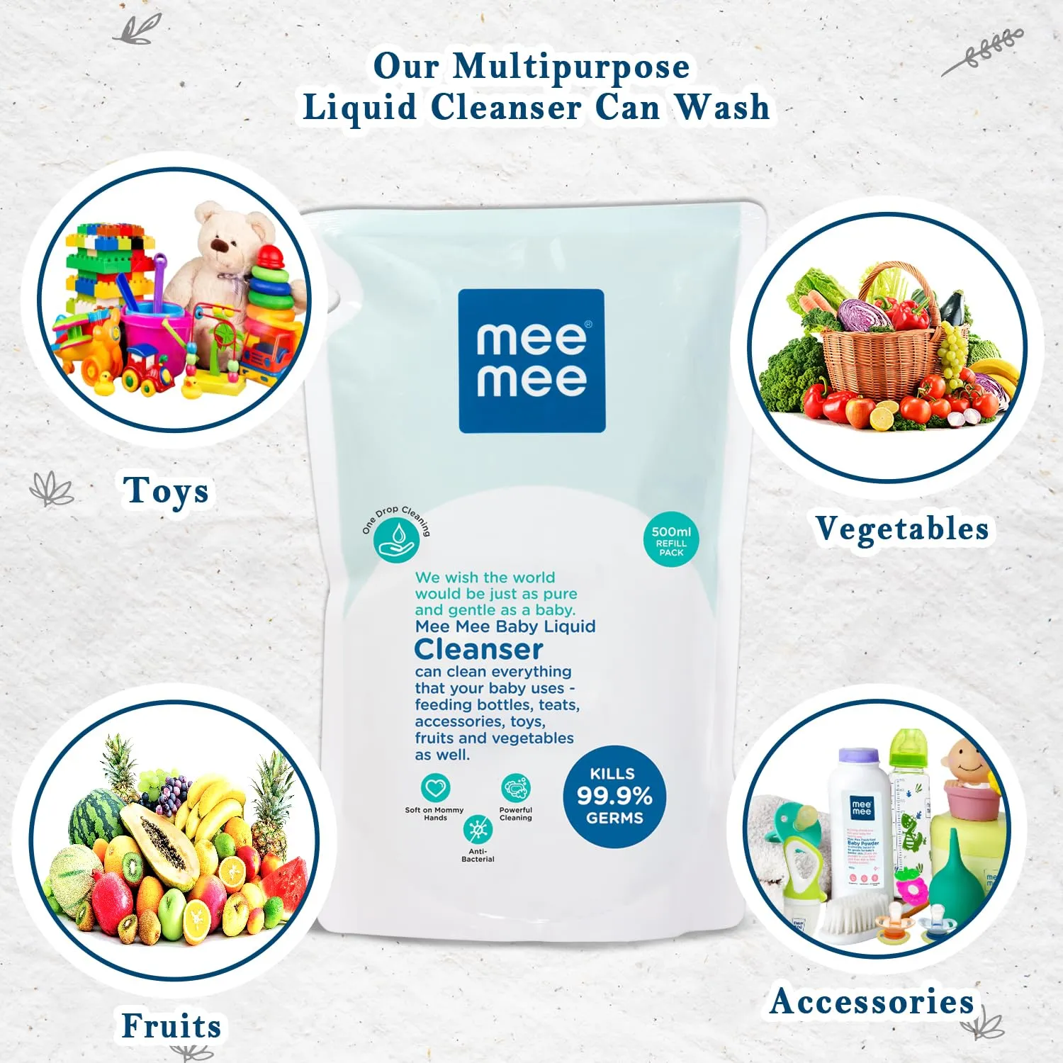 Mee Mee Anti-Bacterial Baby Liquid Cleanser | Kills 99.9% Germs | Feeding Bottle Cleaner Liquid Bowls/Toys/Food/Accessories (500 ml - Refill Pack)