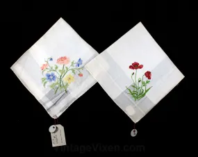 Micro Embroidered Handkerchief Pair - Super Fine Embroidery - Botanical Flowers - Mallorca Spain European Import - 2 Ladies Hankies NIB NWT
