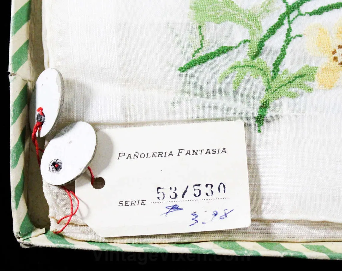 Micro Embroidered Handkerchief Pair - Super Fine Embroidery - Botanical Flowers - Mallorca Spain European Import - 2 Ladies Hankies NIB NWT