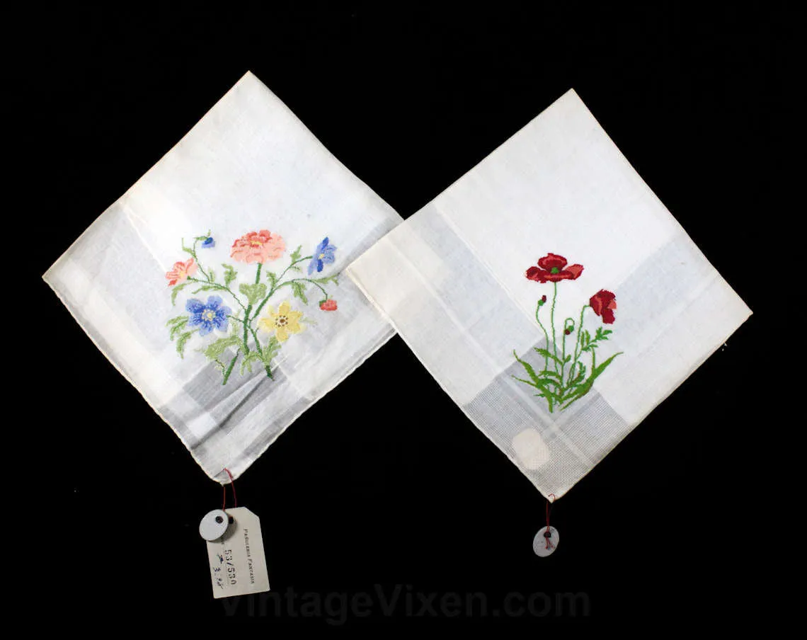 Micro Embroidered Handkerchief Pair - Super Fine Embroidery - Botanical Flowers - Mallorca Spain European Import - 2 Ladies Hankies NIB NWT