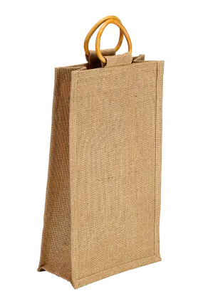 Natural jute bottle bag with bamboo handle - (35.5 x 21 x 10 cm)