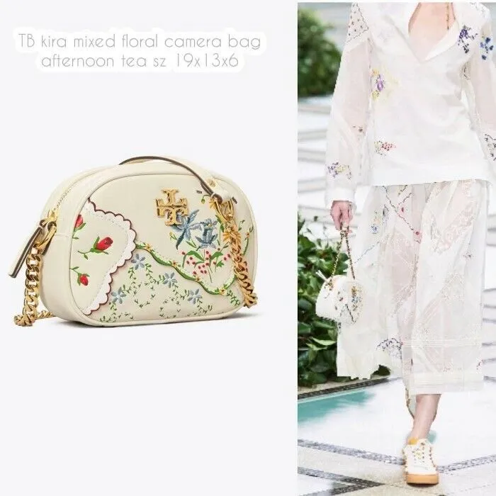 Tory Burch Kira Camera White Mixed Floral Ivory Afternoon Tea Shoulder Bag NEW