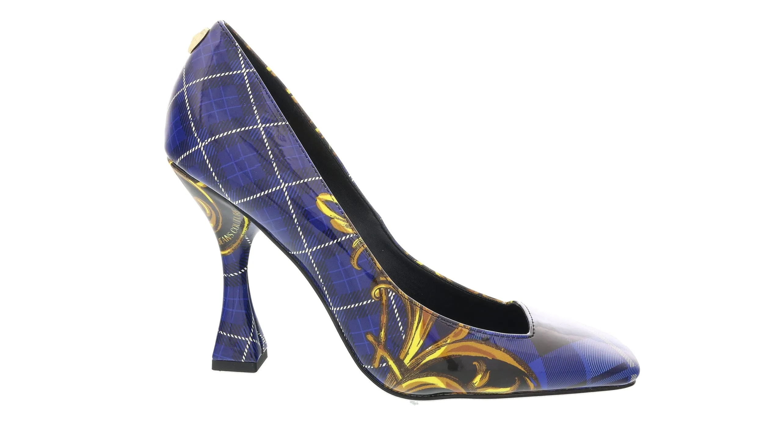Versace Jeans Couture Blue Gold Plaid Baroque Square Toe Pump