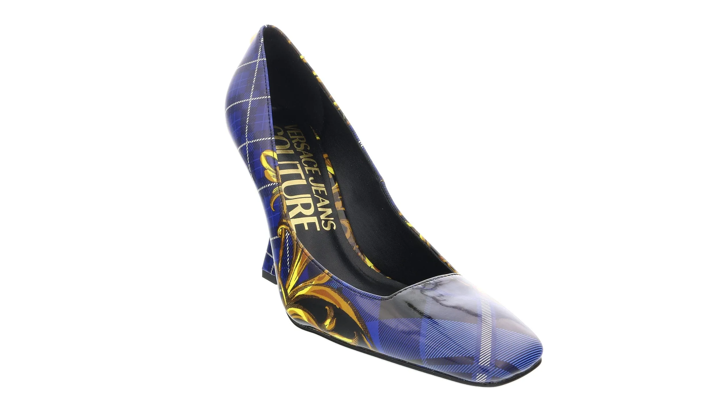 Versace Jeans Couture Blue Gold Plaid Baroque Square Toe Pump