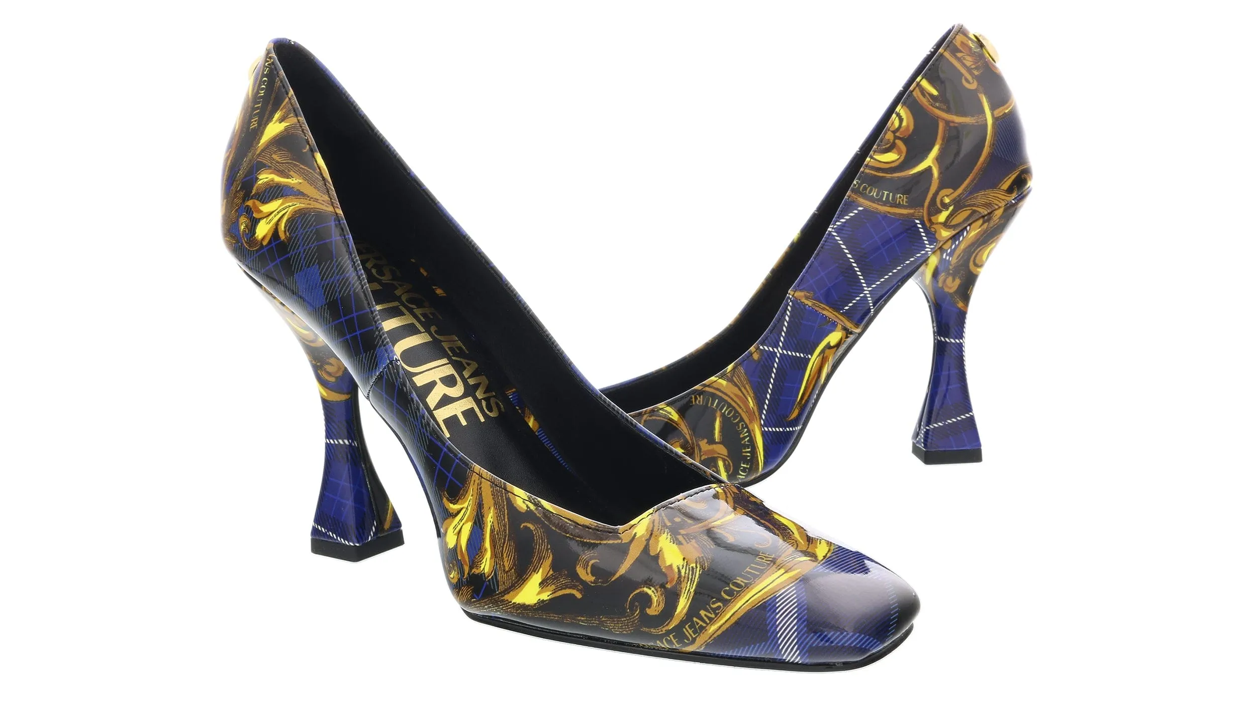 Versace Jeans Couture Blue Gold Plaid Baroque Square Toe Pump