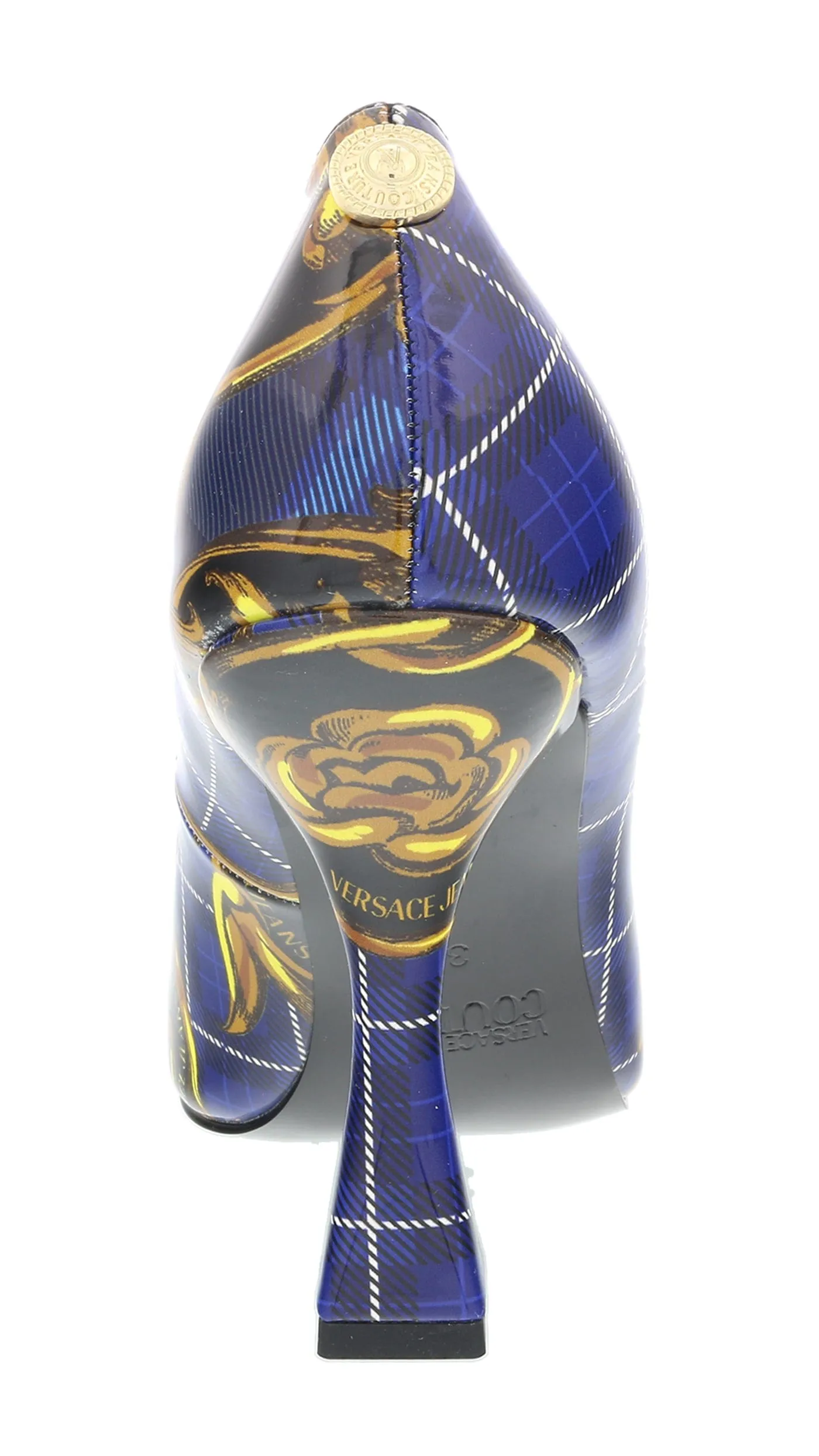 Versace Jeans Couture Blue Gold Plaid Baroque Square Toe Pump