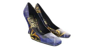 Versace Jeans Couture Blue Gold Plaid Baroque Square Toe Pump