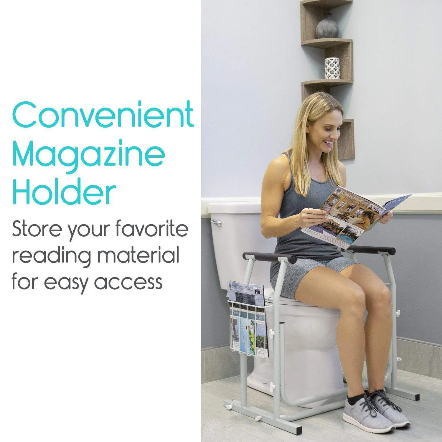 Vive Stand Alone Safety Bar Toilet Rail with Magazine Holder